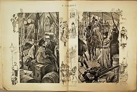 À Londres, marges d'Adrien Marie encadrant deux illustrations de James Tissot, Paris-Noël, 1886.