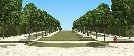 Schéma 3D de l'allée qui monte aux jardins hauts de Pontchartrain, vers 1700.