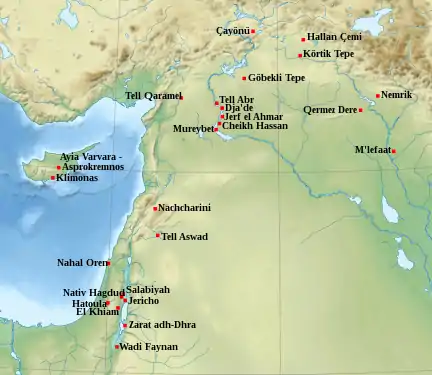 Localisation des principaux sites du Néolithique précéramique A (v. 10000-9000 av. J.-C.).