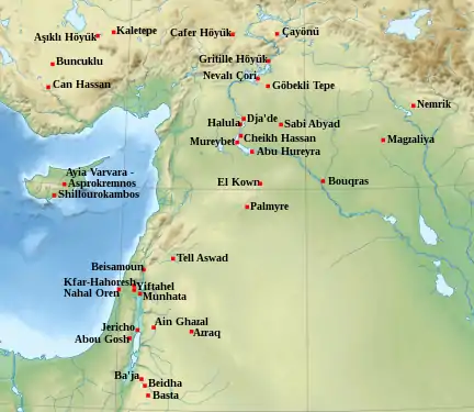 Carte géographique du Proche-Orient avec plusieurs noms de sites archéologiques.