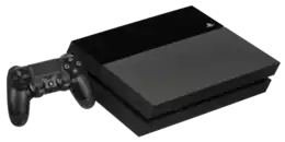 Console de jeu : boitier rectangulaire de couleur noire posé à plat, avec une manette sans fil.