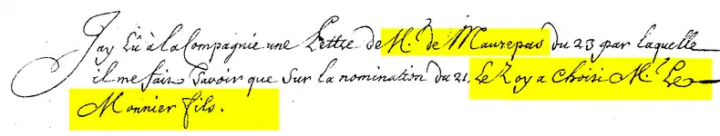 Choix du roi d'après une lettre de Maurepas transmise à l'Académie.