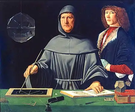 Tableau représentant deux hommes devant un tableau sur laquelle sont posés divers matériels mathématiques.