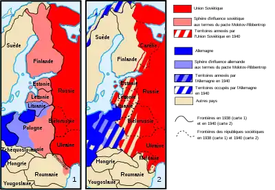 Deux cartes en couleur représentent la partition de la Pologne par le pacte germano-soviétique. La première montre les sphères d'influences respectives des deux puissances, et la seconde, les zones d'occupation en 1940.