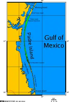 Vue d'une carte présentant à gauche, en orange, la côte des États-Unis et à droite, en vert, l'île Padre