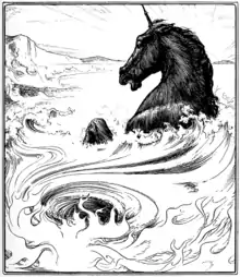 Dessin représentant un cheval noir dote d’une corne semblant vouloir jallir de l’eau dans un tourbillion.