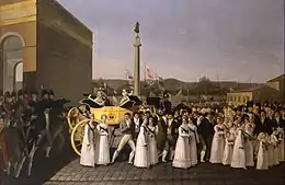 Illustration d'une délégation de la duchesse d'Angoulème arrivant à Bordeaux. En avant plan, de nombreuses personnes sont revêtues de blanc.