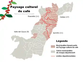 Municipalités faisant partie du Paysage culturel du café de la Colombie depuis 2011.
