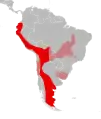 Aire de répartition du Chat des Pampas (Leopardus pajeros) dans le modèle à trois espèces.