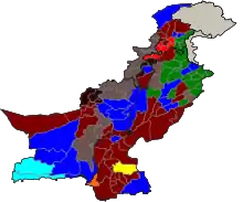Partis arrivés en tête dans les districts : .mw-parser-output .legende-bloc-centre{display:table;margin:0 auto;text-align:left}.mw-parser-output .legende-bloc ul li{font-size:90%}.mw-parser-output .legende-bloc-vertical ul li{list-style:none;margin:1px 0 0 -1.5em}.mw-parser-output .legende-bloc-vertical ul li li{list-style:none;margin:1px 0 0 -1.0em}Parti du peuple pakistanaisLigue musulmane du Pakistan (N)Ligue musulmane du Pakistan (Q)Mouvement Muttahida QaumiParti national AwamiJamiat Ulema-e-Islam (F)Ligue musulmane du Pakistan (F)Parti national baloutche (A)Indépendants