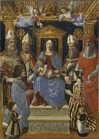 Peinture représentant un groupe d'hommes en tenues ecclésiastiques et un homme et une femme en prière à genoux entourant une Vierge à l'Enfant.
