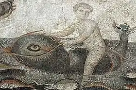 Palémon chevauchant un dauphin, mosaïque greco-romaine, Ve siècle av. J.-C., Musée d'archéologie, Antakya