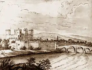 Palais des papes de Sorgues et le pont sur l'Ouvèze, dessin de Laincel.