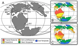 Carte du monde durant Jurassique, indiquant que la formation d'Oxford Clay était située près d'un climat tempéré chaud.