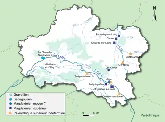 Carte de localisation des gisements attribués au Paléolithique supérieur dans le département du Loiret