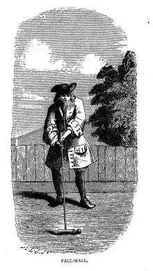 gravure ancienne montrant un personnage en habit du XVIIIe frappant la boule de croquet avec son maillet