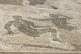 Mosaïque des thermes de Neptune à Ostie, salle 12. Le combat de pancrace se continue au sol.