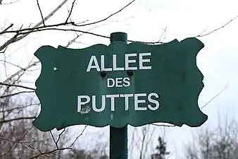 Plaque de rue de l'allée des Buttes (Bois de Vincennes), vandalisée ici en « allée des Puttes ».Ce modèle de plaque de rue est utilisé par la Ville de Paris dans les espaces verts.