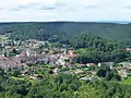 Vue sur Bruyères, en arrière-plan les hêtraies-sapinières de la forêt de Faîte autour de 500 m d'altitude.