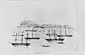 Panorama des bâtiments de la flotte devant l'île de Gorée, au Sénégal, le 14 mars 1858.