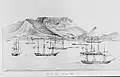 Panorama des bâtiments de la flotte devant la ville du Cap, le 2 mai 1858.