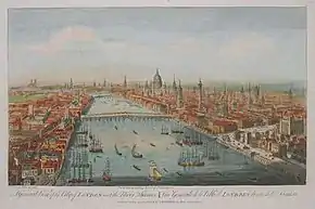 panorama couleur : Tamise rectiligne, pont au milieu, quartiers géométriquement des deux cotés, nombre d'embarcations.