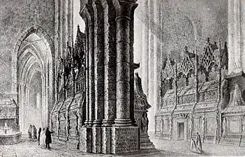 Panteons de Poblet (intérieur de l'abbaye de Poblet), lithographie de Francisco Javier Parcerisa dans Recuerdos y bellezas de España (es) (volume sur la Principauté de Catalogne, 1839).