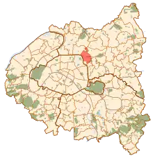 Carte de la petite couronne parisienne, avec le territoire de Pantin en rouge.