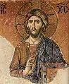 Christ Pantocrator (Le Sauveur Tout-Puissant). Mosaïque de la galerie sud de la cathédrale de Sainte-Sophie (Constantinople). Premier quart du XIIe siècle.