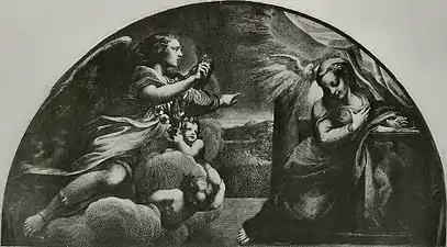 Gravure hémisphérique. L'ange, accompagné d'angelots, arrive vers Marie déjà atteinte par la colombe.