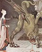 Saint Georges blesse le dragon, et c'est Cléodélinda elle-même, à l'instar de Marthe, qui le conduit en laisse avec sa ceinture, Janetta Rebold Benton, in Bestiaire médiéval, par Paolo Uccelo (vers 1456).