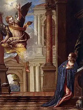 Peinture. L'ange descend du ciel à gauche avec la colombe, surplombant Marie à droite, dans un décor à l'antique.