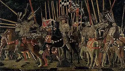 Tableau d'une scène de bataille avec des cavaliers et des lanciers