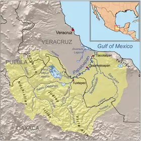 Carte du bassin du fleuve Río Papaloapan avec la sierra Juárez au centre.