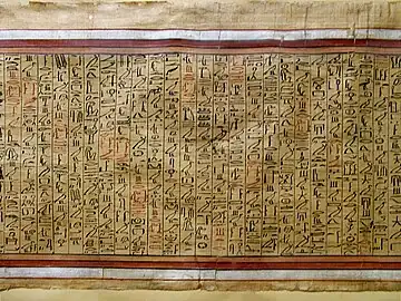 Exemple d'écriture hiéroglyphique linéaire avec ses alternances d'encre noire et rouge. (Musée égyptologique de Turin).