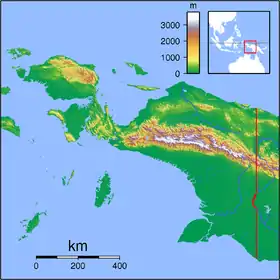 Carte topographique de la Nouvelle-Guinée occidentale montrant les monts Maoke (au centre en blanc et rouge foncé).