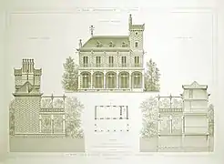 Plans en noir et blanc extraits d'un livre, du bâtiment du Pavillon du Lac, de style italien et en briques