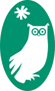 Logo stylisé représentant un hibou et une étoile blancs sur un fond oval vert.