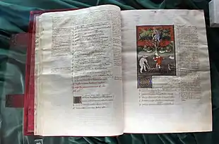 Double page, 3 colonnes, texte de Virgile colonne centrale. Fin des Bucoliques à gauche, début des Géorgiques avec enluminure à droite.