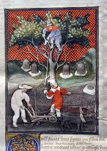 Un homme taille une vigne enroulée dans un arbre surplombant un laboureur et un semeur. Au sol, au fond, 4 ruches.
