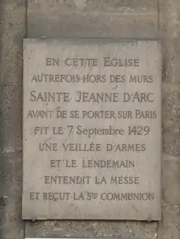 Plaque commémorative du passage de Jeanne d'Arc.