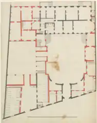 Quatrième projet de rez-de chaussée, modifiant encore profondément l'hôtel. L'aile ouest est avancée sur le jardin pour forme une unique façade uniforme.