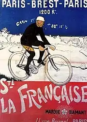 Affiche montrant un cycliste sur fond bleu, blanc et rouge.