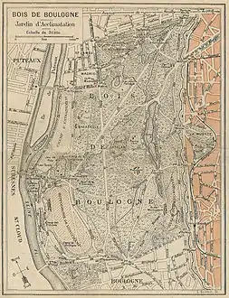 Carte du bois de Boulogne entre 1905 et 1921. Au milieu à droite, le domaine de la Muette jouxte le jardin du Ranelagh.