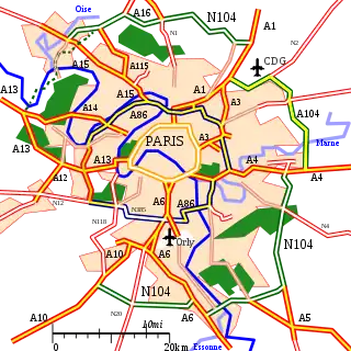 Carte des ceintures périphériques de Paris, mettant en évidence l'autoroute A104