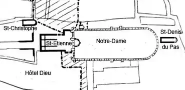 Emplacement de la cathédrale Saint-Étienne par rapport à celle, ultérieure, de Notre-Dame de Paris.