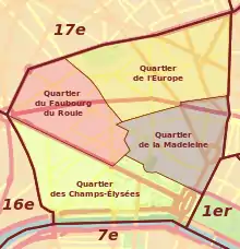 Le quartier des Champs-Élysées sur un plan du 8e arrondissement.