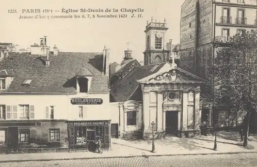 L'église avec son clocher détruit dans les années 1930 et avant la construction de la basilique Sainte-Jeanne-d'Arc.