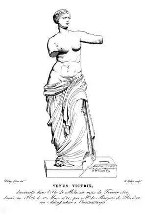 Estampe gravée par Alexandre Giboy en 1821, d'après un dessin d'un des fils Debay, reconstituant la plinthe de la statue avec le fragment inscrit aujourd’hui disparu.