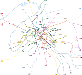 carte représentant toues les lignes du métro parisien de différentes couleurs.